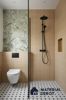 Modern bathroom with beige vertical subway wall tiles, chinoiserie floral wallpaper, and black-and-white geometric floor tiles | Material Depot