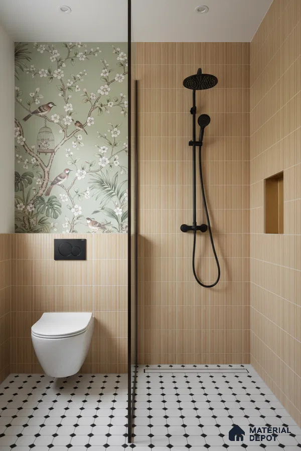 Modern bathroom with beige vertical subway wall tiles, chinoiserie floral wallpaper, and black-and-white geometric floor tiles | Material Depot