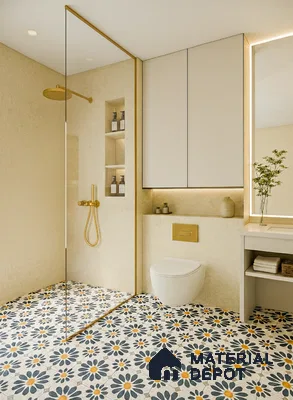 Modern bathroom with beige wall tiles and floral patterned hexagonal floor tiles in Prestige Kew Gardens Bellandur 3 BHK Bengaluru Apartment