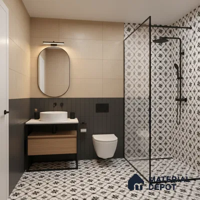 Modern bathroom with beige wall tiles, black fluted wall tiles, and black-and-white geometric patterned floor and shower tiles in Bengaluru | Material Depot