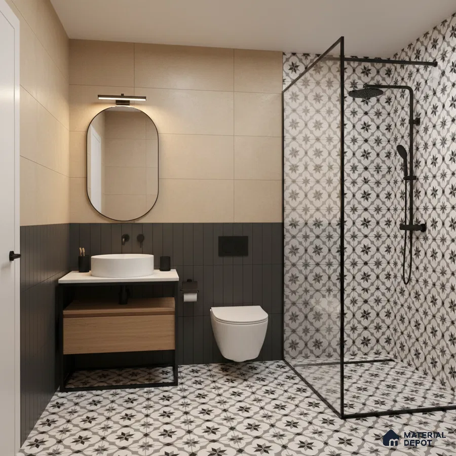 Modern bathroom with beige wall tiles, black fluted wall tiles, and black-and-white geometric patterned floor and shower tiles in Bengaluru | Material Depot