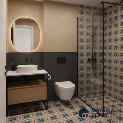 Modern bathroom with beige wall tiles, black matte tiles, and patterned moroccan floor and shower tiles in Bengaluru | Material Depot