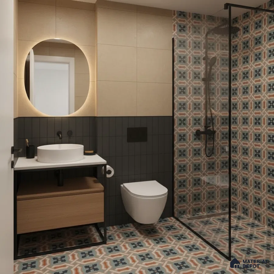 Modern bathroom with beige wall tiles, black matte tiles, and patterned moroccan floor and shower tiles in Bengaluru | Material Depot