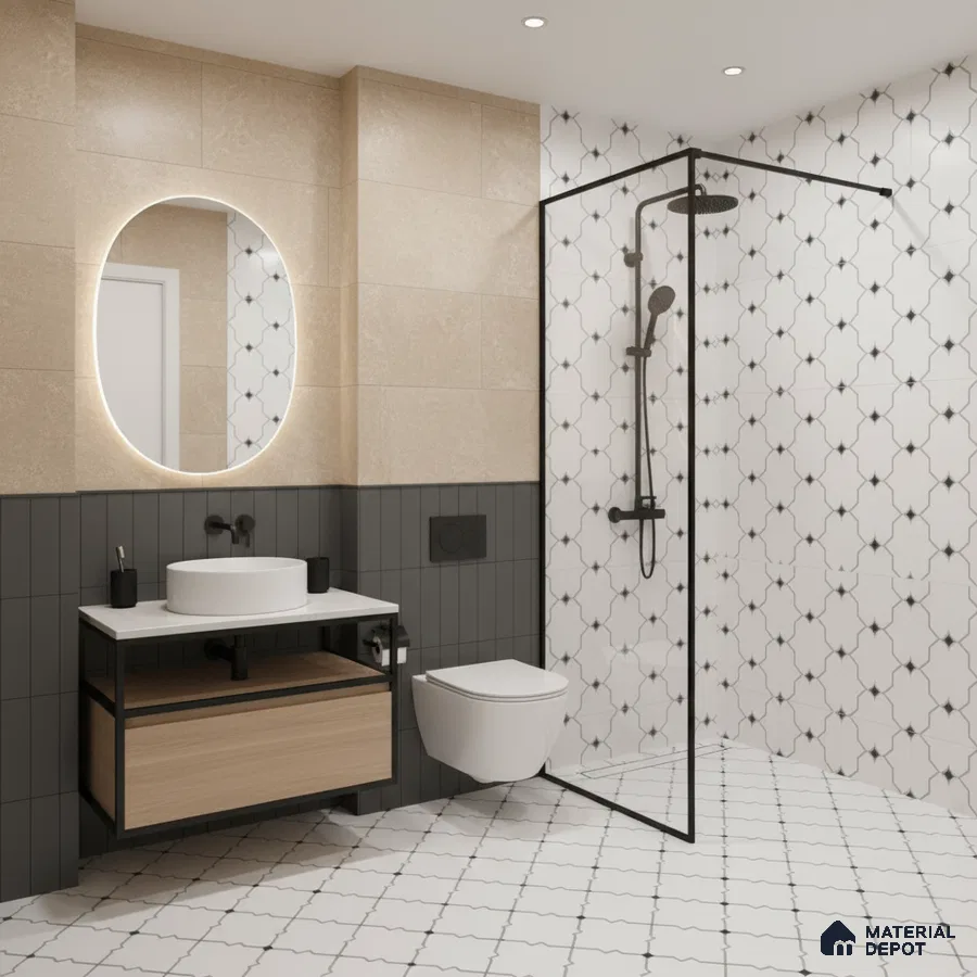 Modern bathroom with beige wall tiles, black vertical subway tiles, and geometric patterned white floor and wall tiles in Bengaluru | Material Depot