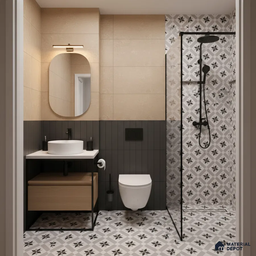 Modern bathroom with beige wall tiles, black vertical wall tiles, and patterned black-and-white floor and shower tiles in Bengaluru | Material Depot