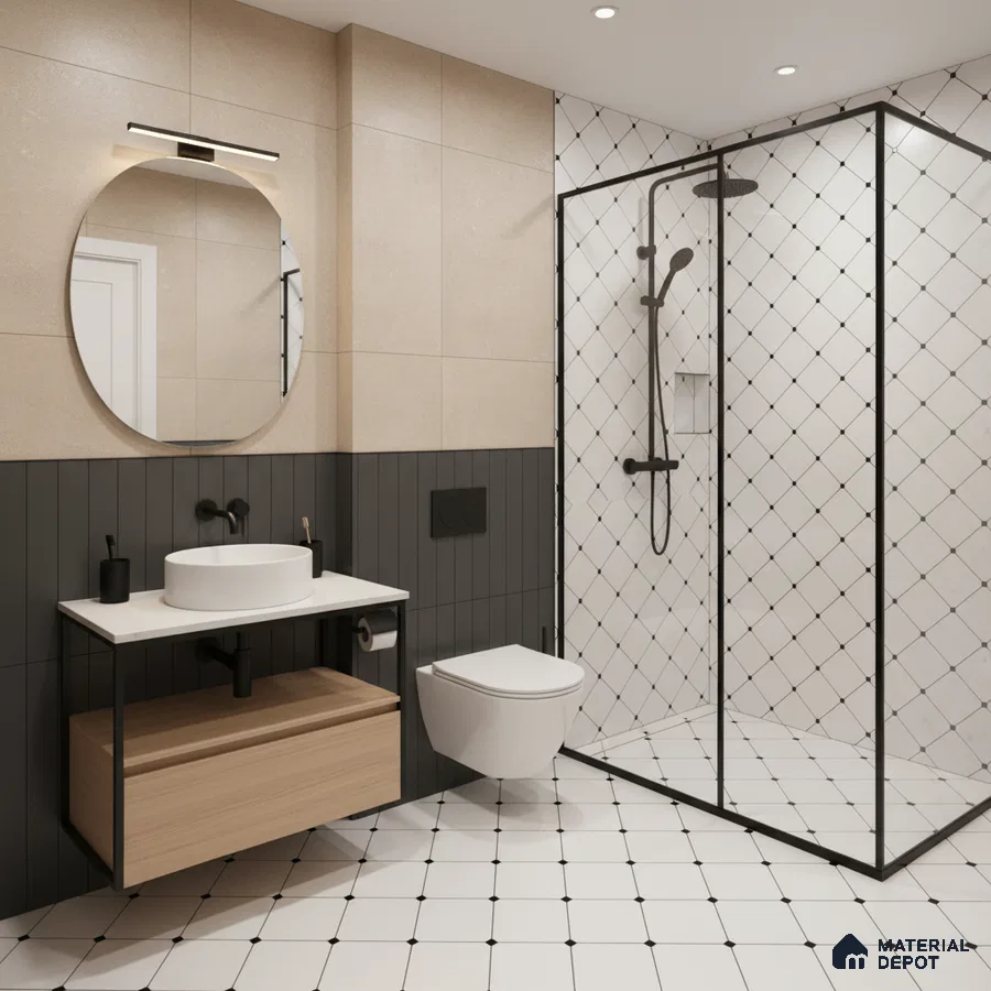 Modern bathroom with beige wall tiles, black vertical wall tiles, and white geometric floor tiles in Bengaluru | Material Depot