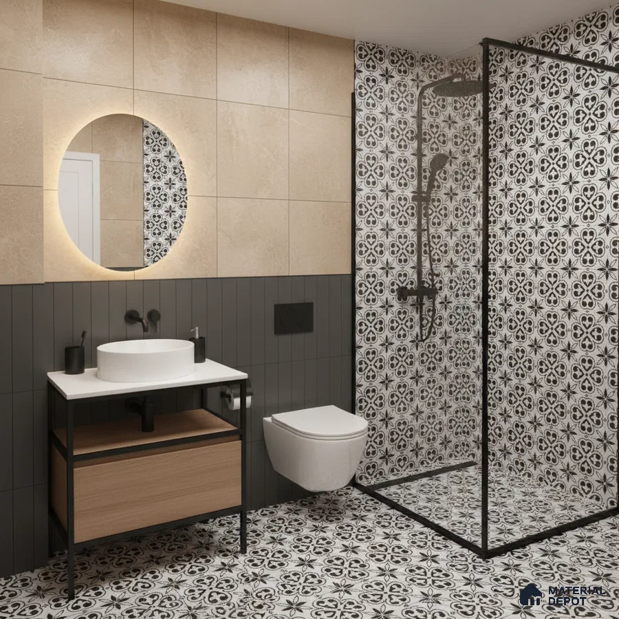 Modern bathroom with beige wall tiles, black-and-white moroccan patterned floor and shower tiles, and wood vanity in Bengaluru | Material Depot