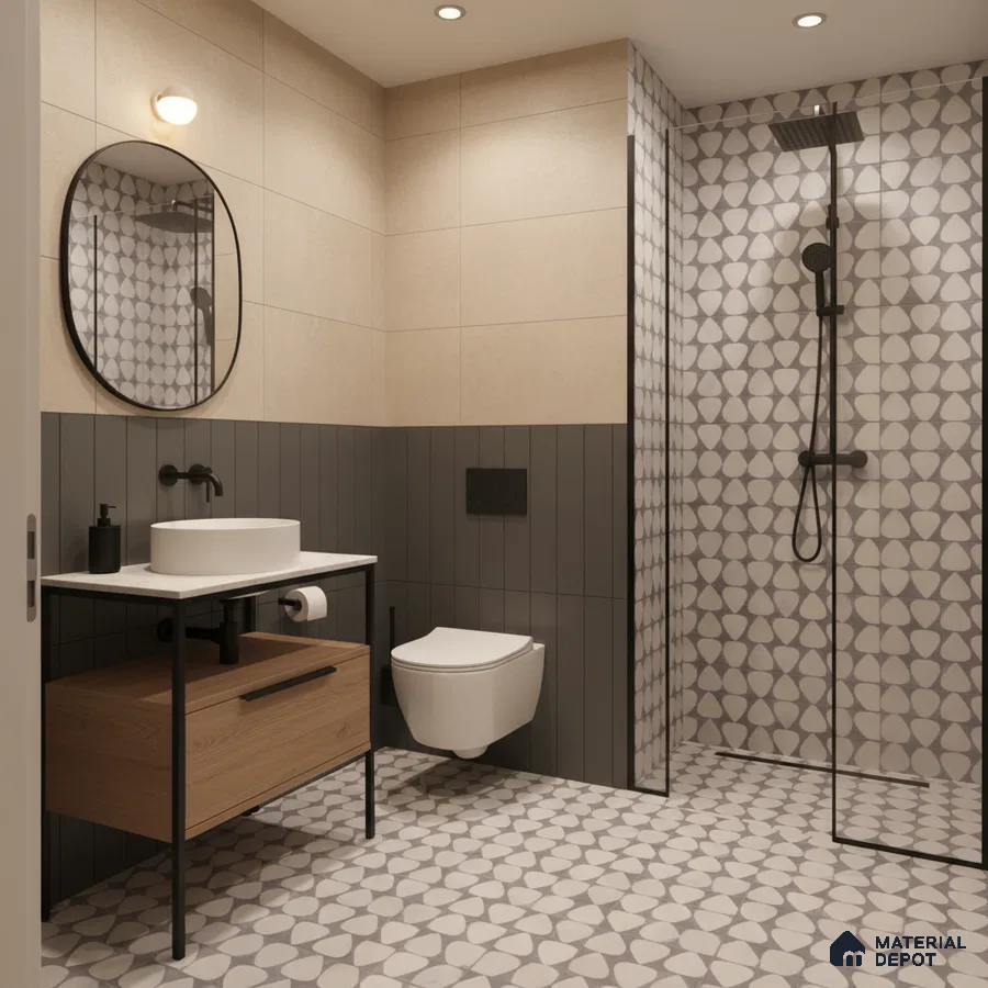 Modern bathroom with beige wall tiles, grey vertical subway wall tiles, and geometric patterned floor tiles in Bengaluru | Material Depot