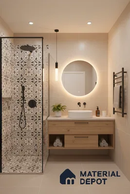 Modern bathroom with beige wall tiles, patterned moroccan shower tiles, and light oak floating vanity in Bengaluru | Material Depot