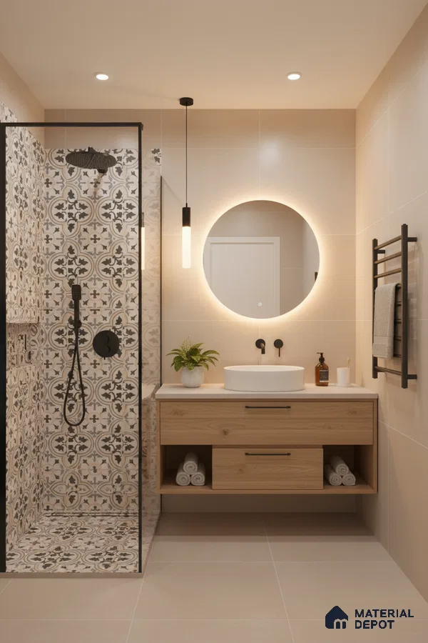 Modern bathroom with beige wall tiles, patterned moroccan shower tiles, and light oak floating vanity in Bengaluru | Material Depot