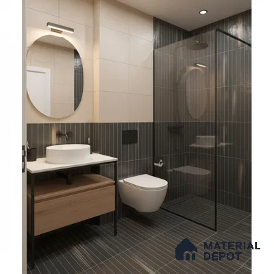 Modern bathroom with beige wall tiles, vertical dark grey kitkat tiles, and wood vanity in Bengaluru | Material Depot