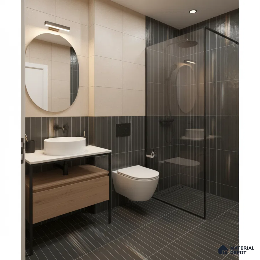 Modern bathroom with beige wall tiles, vertical dark grey kitkat tiles, and wood vanity in Bengaluru | Material Depot