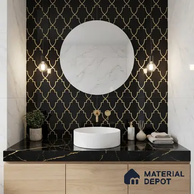 Modern bathroom with black and gold geometric wall tile, black marble countertop, and light wood vanity