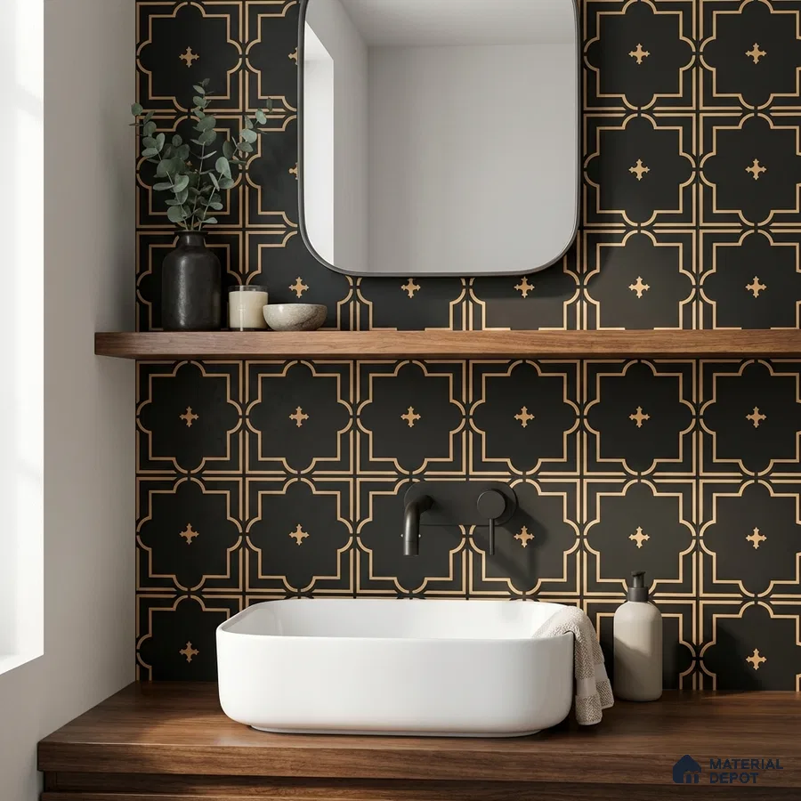 Modern bathroom with black and gold geometric wall tiles and walnut wood countertop