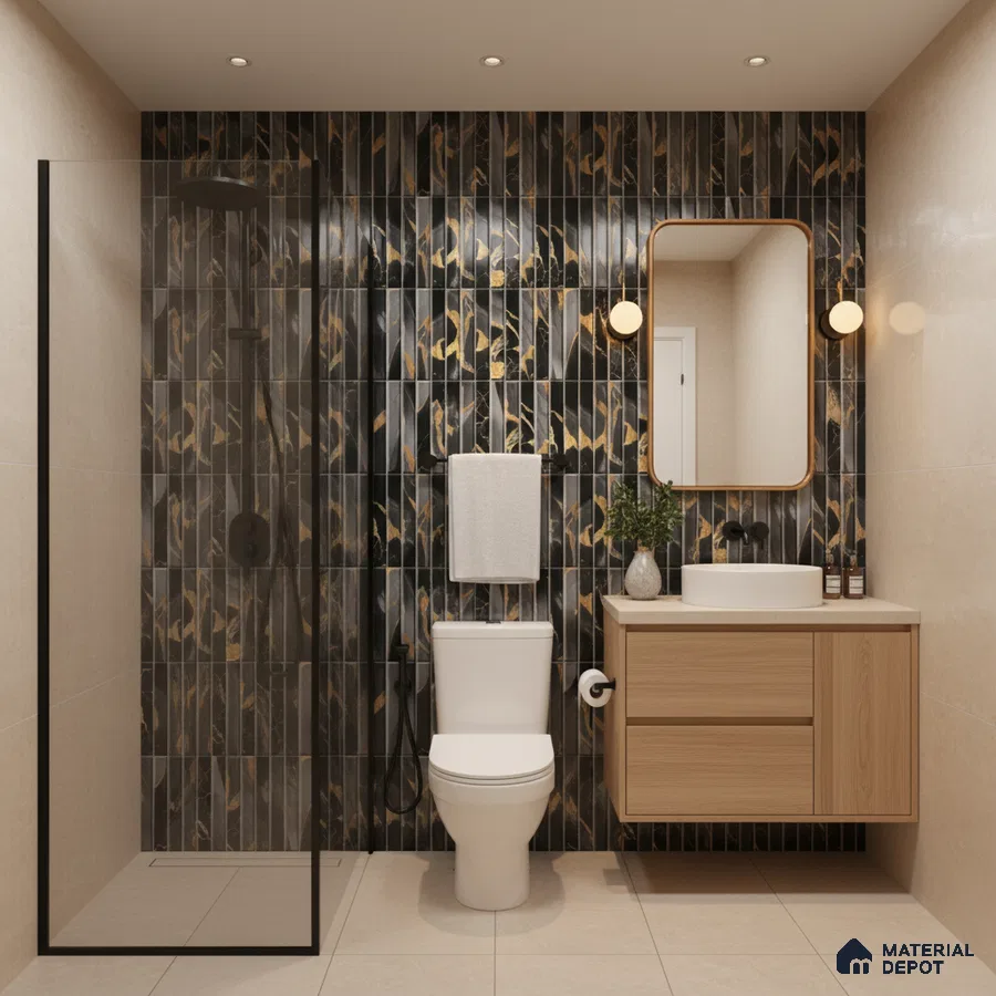 Modern bathroom with black and gold patterned vertical wall tiles and light wood floating vanity | Material Depot