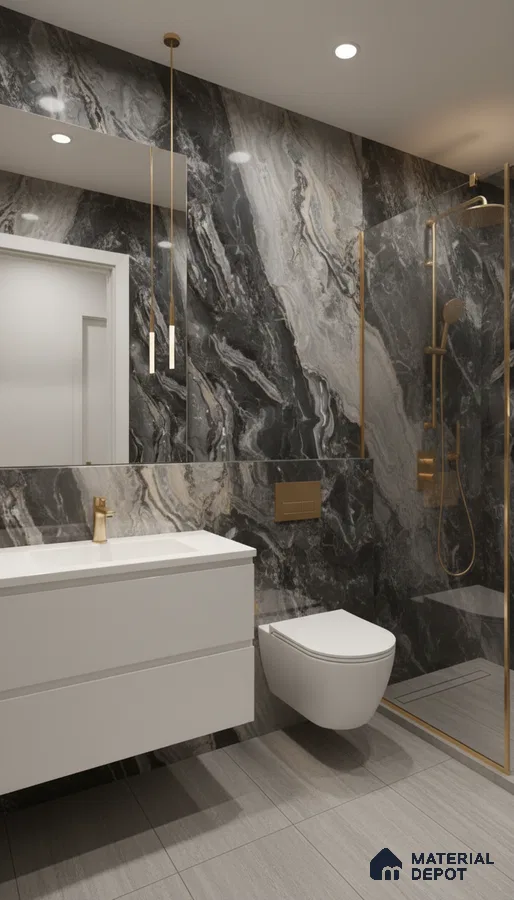 Modern bathroom with black and grey marble wall tiles, gold fixtures, and light grey floor tiles | Material Depot