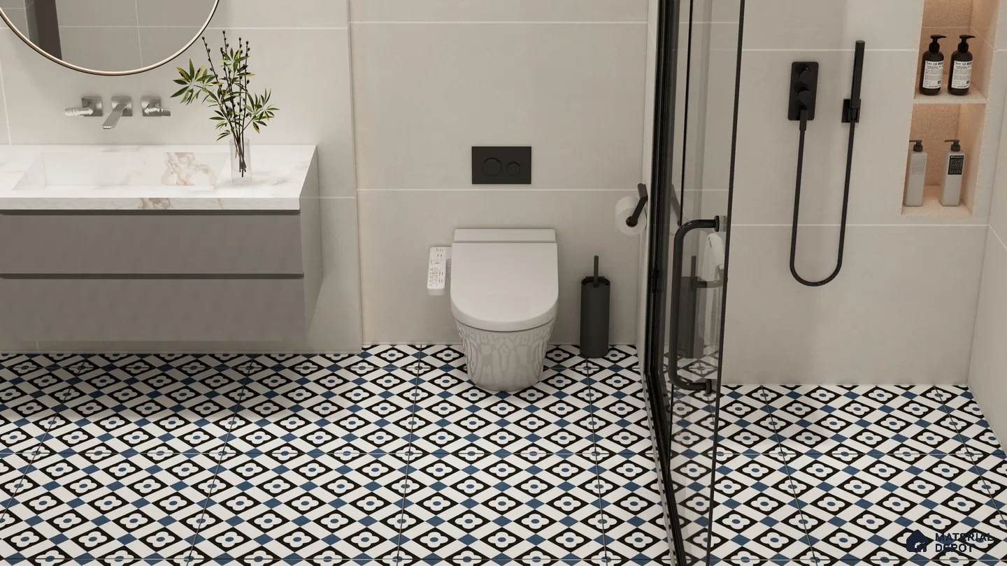 Modern Bathroom with Black and White Diamond Pattern Tiles | Material Depot