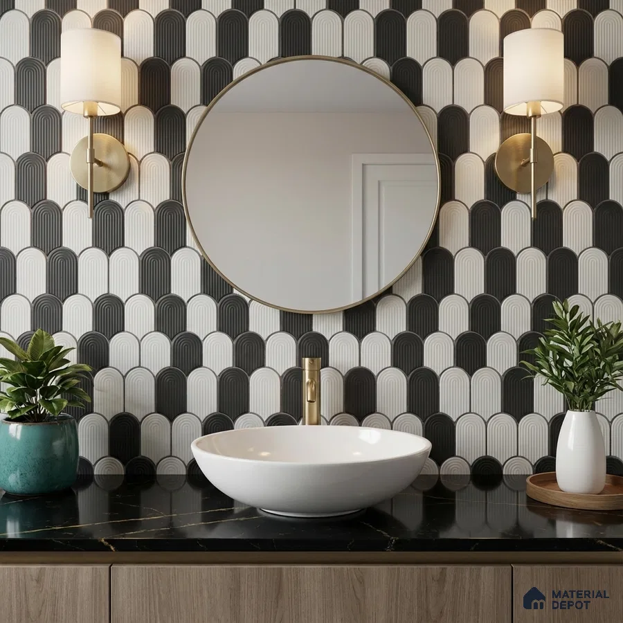 Modern bathroom with black and white geometric wall tiles and black marble countertop