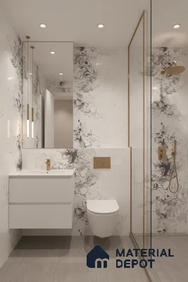 Modern bathroom with black and white marble-look wall tiles, matte grey floor tiles, and gold accents | Material Depot