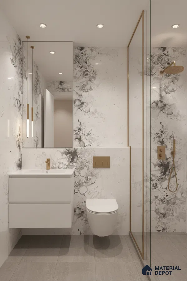 Modern bathroom with black and white marble-look wall tiles, matte grey floor tiles, and gold accents | Material Depot