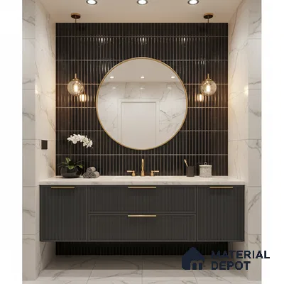 Modern bathroom with black fluted wall tiles, marble-look wall tiles, and floating vanity