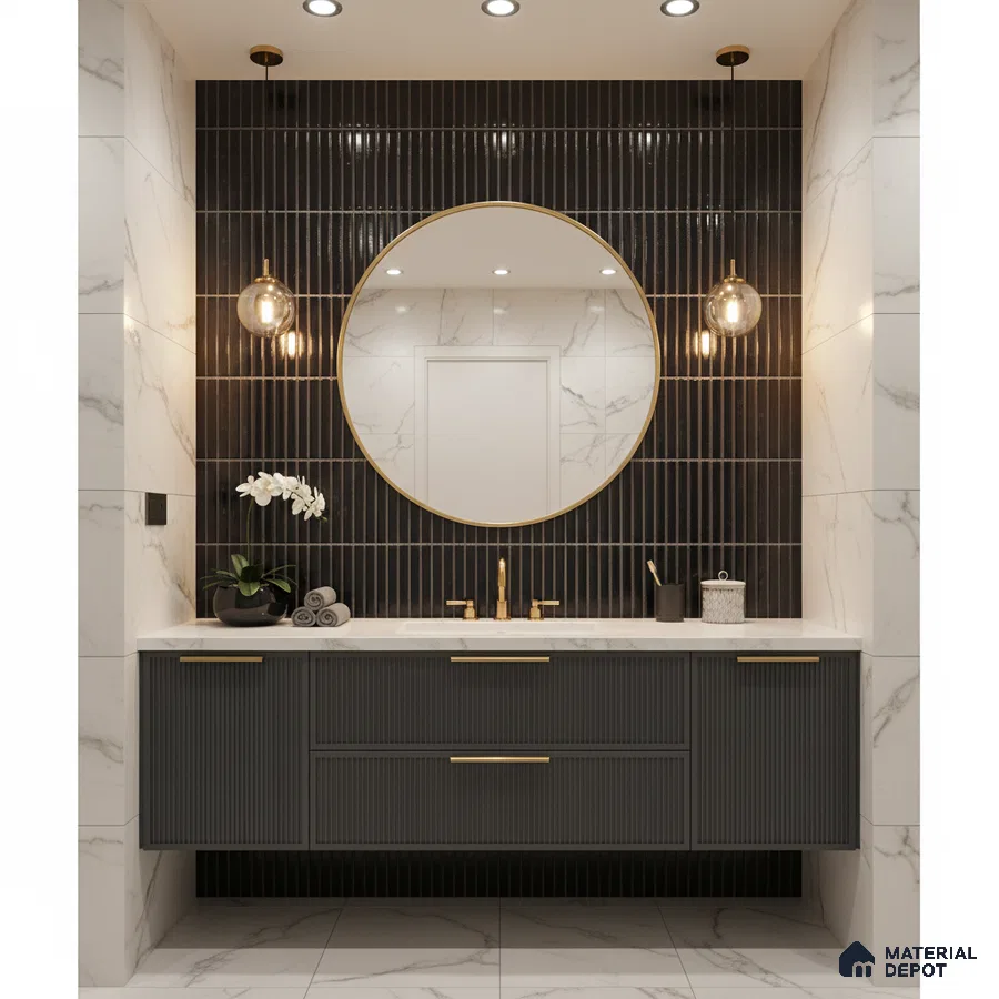 Modern bathroom with black fluted wall tiles, marble-look wall tiles, and floating vanity