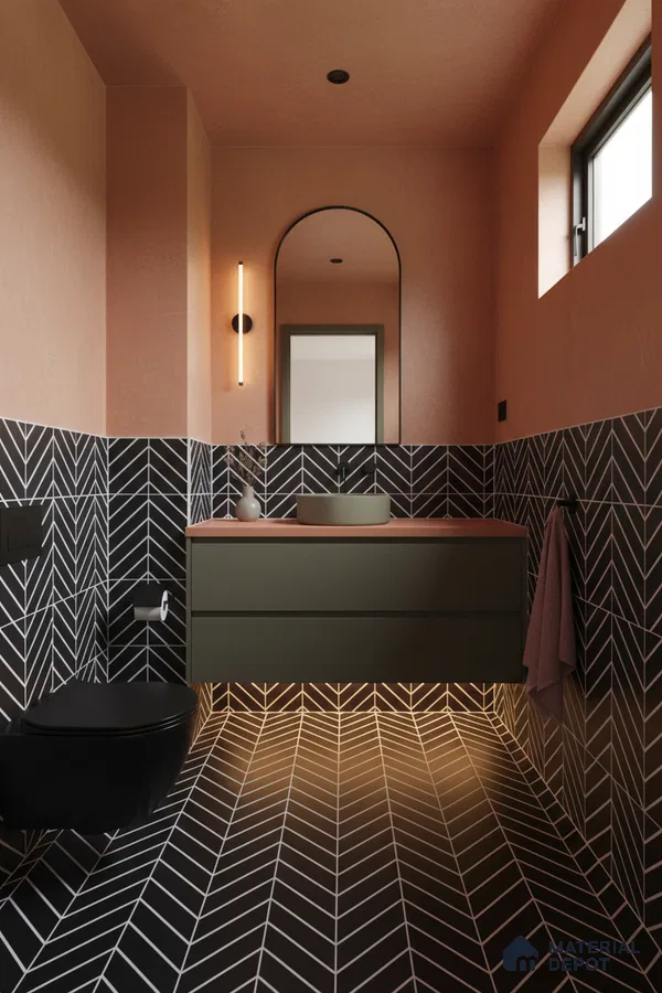 Modern bathroom with black geometric chevron tiles and matte olive vanity in Bengaluru | Material Depot