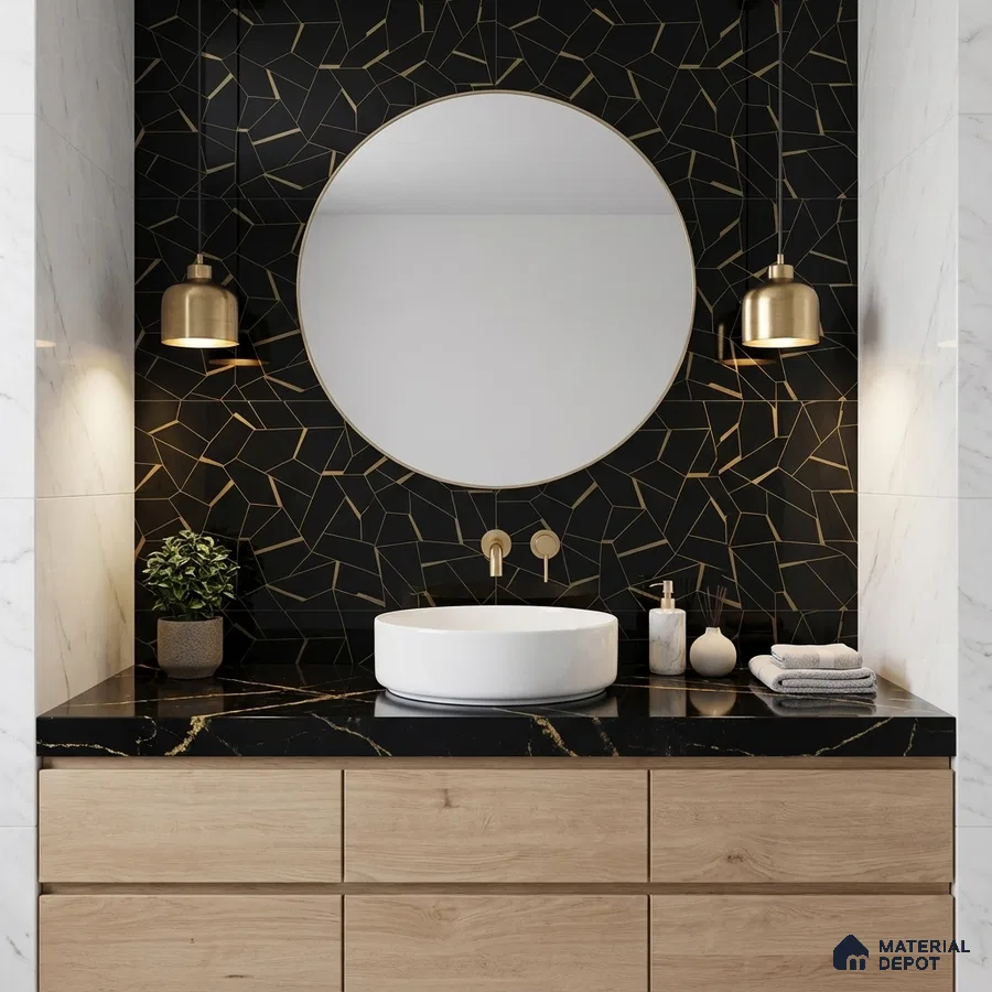 Modern bathroom with black geometric wall tile, black marble countertop, and light oak vanity