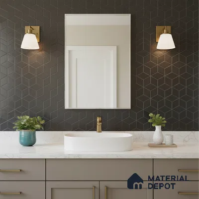 Modern bathroom with black geometric wall tiles and white marble countertop