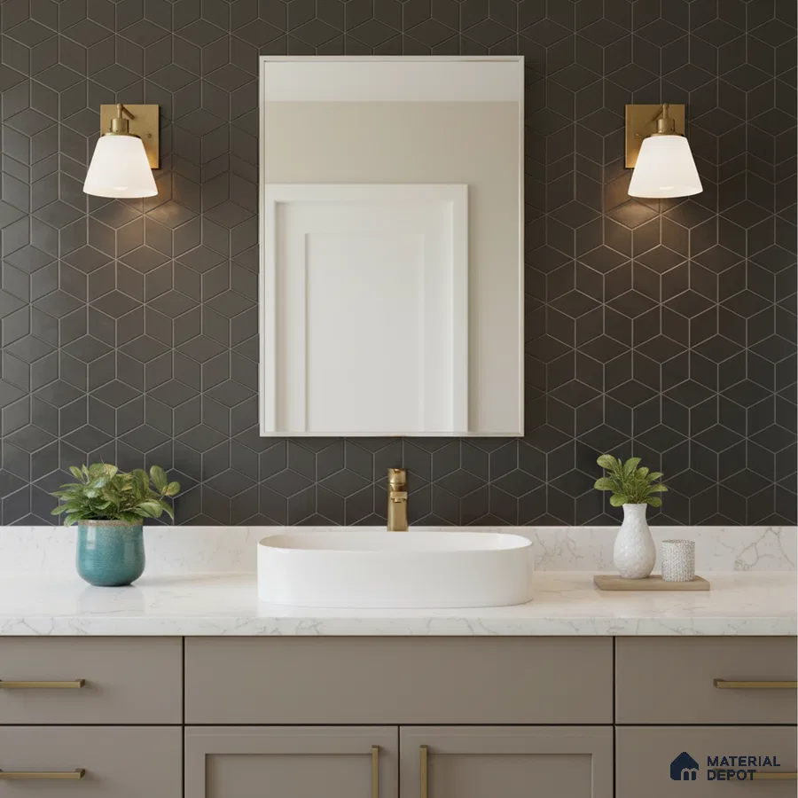 Modern bathroom with black geometric wall tiles and white marble countertop