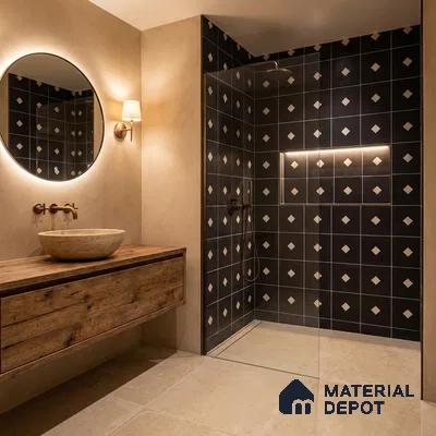 Modern bathroom with black geometric wall tiles, beige stone floor tiles, and rustic wood vanity