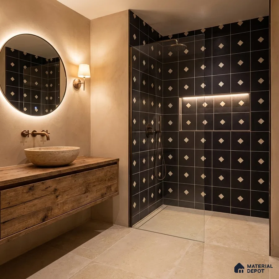 Modern bathroom with black geometric wall tiles, beige stone floor tiles, and rustic wood vanity