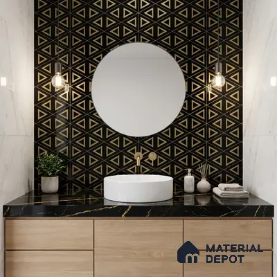 Modern bathroom with black geometric wall tiles, black marble countertop, and light oak laminate vanity