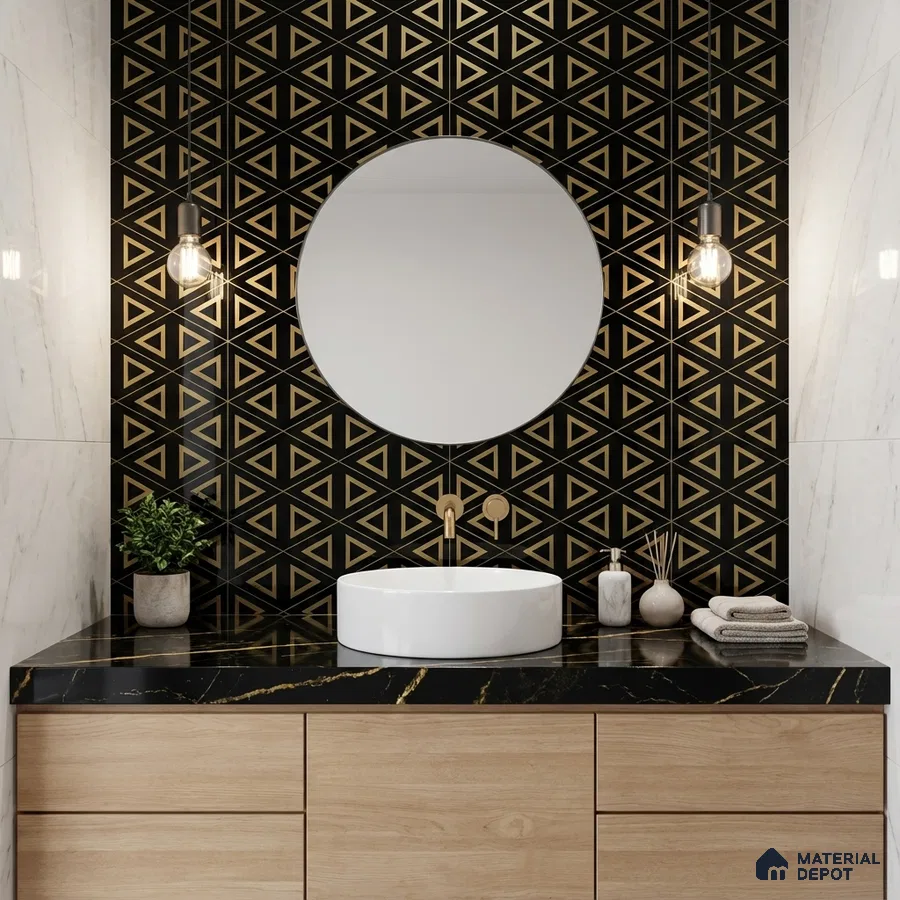 Modern bathroom with black geometric wall tiles, black marble countertop, and light oak laminate vanity