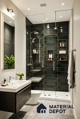 Modern bathroom with black geometric wall tiles, floating vanity, and light wood-look floor tiles in Sattva Oppus Whitefield 3 BHK Bengaluru Apartment