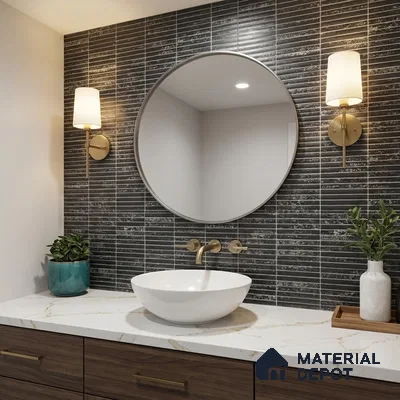 Modern bathroom with black kitkat wall tiles, white marble countertop, and walnut wood vanity