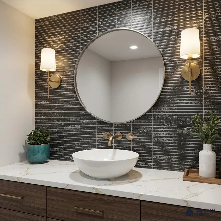Modern bathroom with black kitkat wall tiles, white marble countertop, and walnut wood vanity