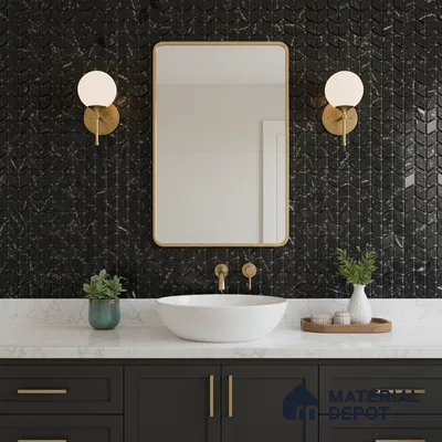 Modern bathroom with black marble chevron wall tiles and white marble countertop