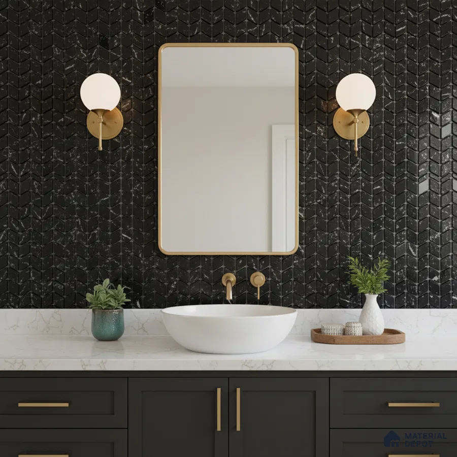 Modern bathroom with black marble chevron wall tiles and white marble countertop
