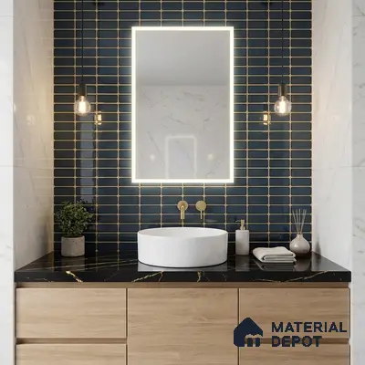 Modern bathroom with black marble countertop, oak wood vanity, and black subway wall tiles