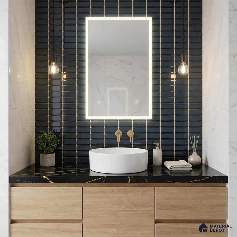 Modern bathroom with black marble countertop, oak wood vanity, and black subway wall tiles