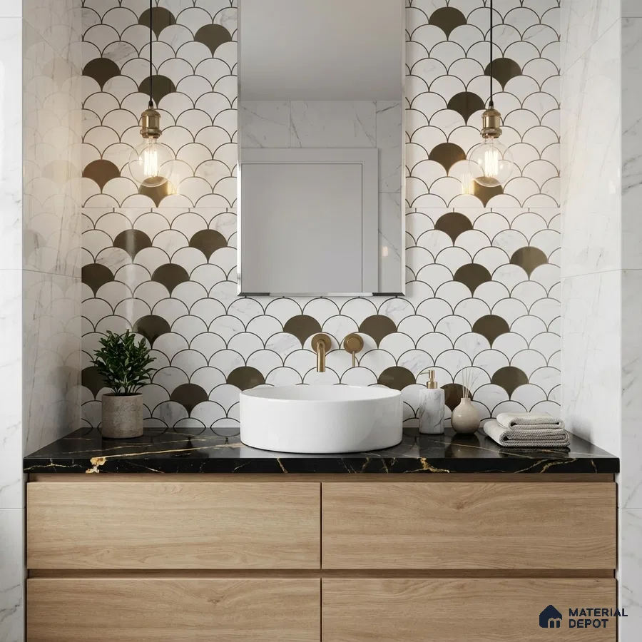 Modern bathroom with black marble countertop, wood laminate vanity, and gold-accented fishscale wall tiles