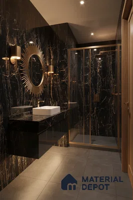 Modern bathroom with black marble look wall tiles, gold veins, and matte grey floor tiles | Material Depot