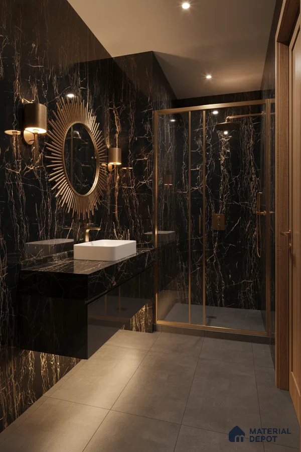 Modern bathroom with black marble look wall tiles, gold veins, and matte grey floor tiles | Material Depot