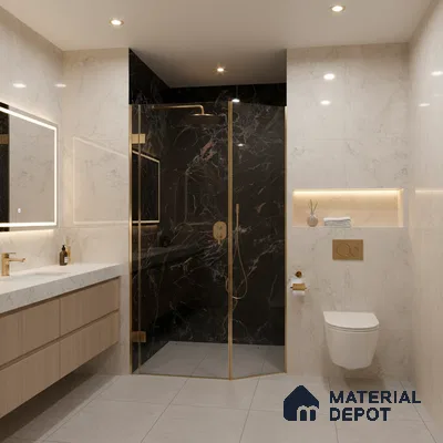 Modern bathroom with black marble shower wall, beige marble wall tiles, and floating wood vanity | Material Depot