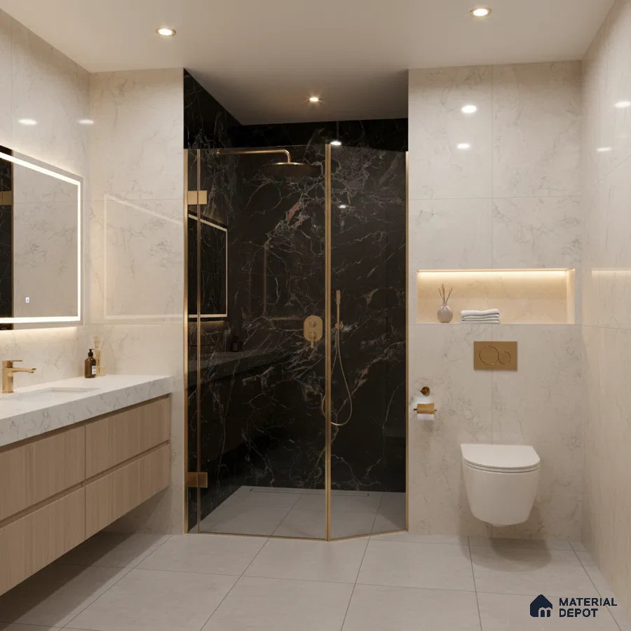 Modern bathroom with black marble shower wall, beige marble wall tiles, and floating wood vanity | Material Depot