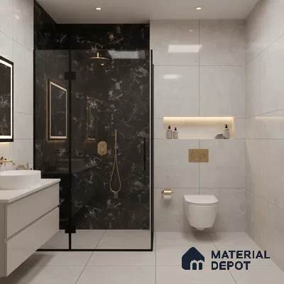 Modern bathroom with black marble shower wall tile and light grey marble-look wall and floor tiles | Material Depot