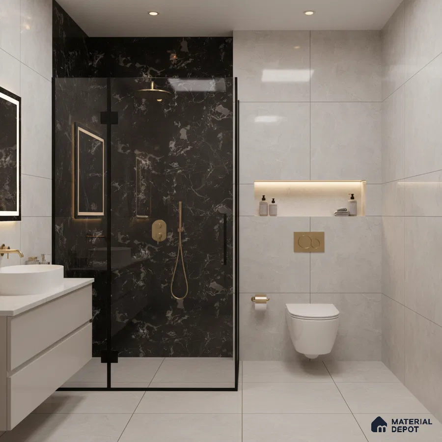 Modern bathroom with black marble shower wall tile and light grey marble-look wall and floor tiles | Material Depot