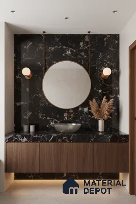 Modern bathroom with black marble wall tile, walnut brown floating vanity, and glass vessel sink | Material Depot