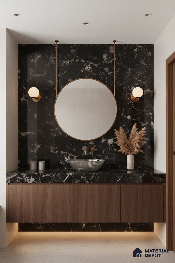 Modern bathroom with black marble wall tile, walnut brown floating vanity, and glass vessel sink | Material Depot